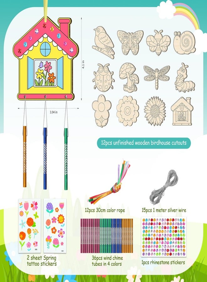 TREACLUB 12 Pack Wind Chime Kit for Kids Make Your Own Wind Chime DIY Wood Arts and Crafts Decorative Coloring Wooden Hanging Ornaments for Girls Boys Home School Activity Party Supplies(Spring Flower Animal) - Image 3